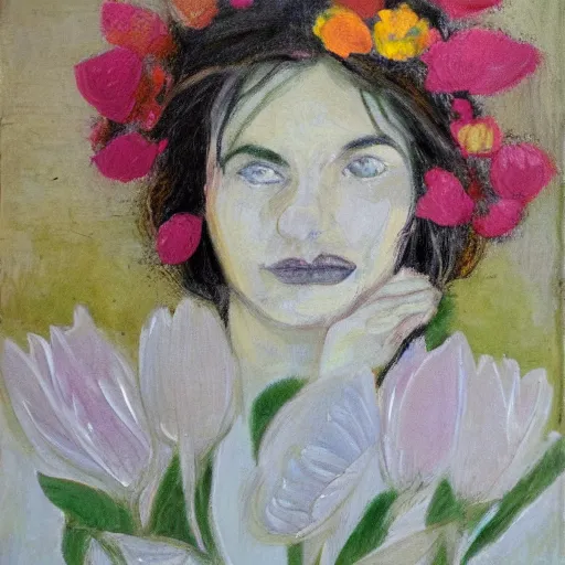 Image similar to woman with flowers, by Michael Johnson