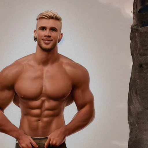Prompt: a realistic detailed photo of a handsome attractive guy who is taking part in love island, shirtless, blond hair, full body shot, showing off his muscles, shiny skin