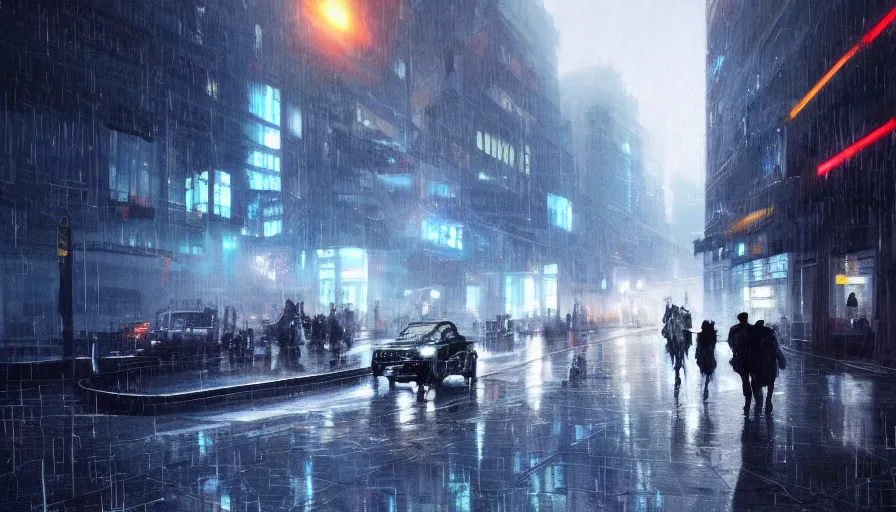 Image similar to city street of distant future 3 0 th century in early evening by laser lights during rain, shadows, reflections, epic composition, intricate, elegant, volumetric lighting, digital painting, highly detailed, artstation, sharp focus, illustration, concept art, ruan jia, steve mccurry