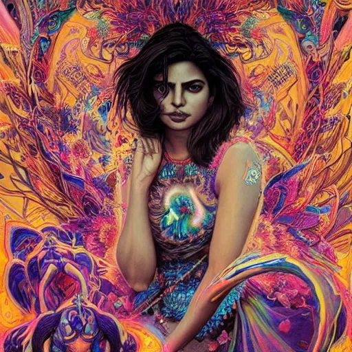 Image similar to portrait of priyanka chopra, hyper detailed masterpiece, neon floral pattern, jean giraud, digital art painting, darkwave goth aesthetic, psychedelic, artgerm, donato giancola and tom bagshaw