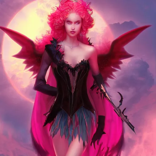 Prompt: young vampire princess with burning wings in a pink castle 4 k high definition gorgeous dramatic lighting artstation trending path traced contrast light and dark cinematic breathtaking by hughes, edward robert, noriyoshi ohrai and hans zatzka