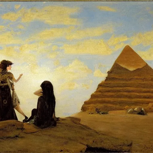 Image similar to female adventurer meeting the sphinx by alfred stevens