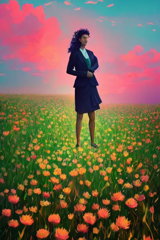 Image similar to closeup, giant flower head, girl in suit standing in a field of flowers, surreal photography, sunrise, blue sky, dramatic light, impressionist painting, digital painting, artstation, simon stalenhag