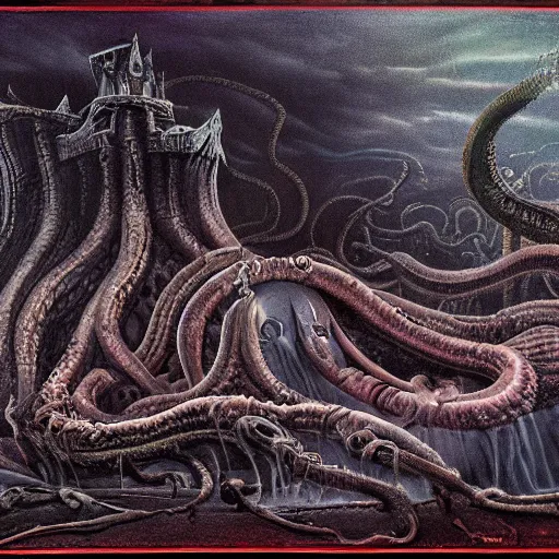 Image similar to lovecraftian shoggoth, illustrated matte painting of a progressive rock album cover, 1 9 7 0 s