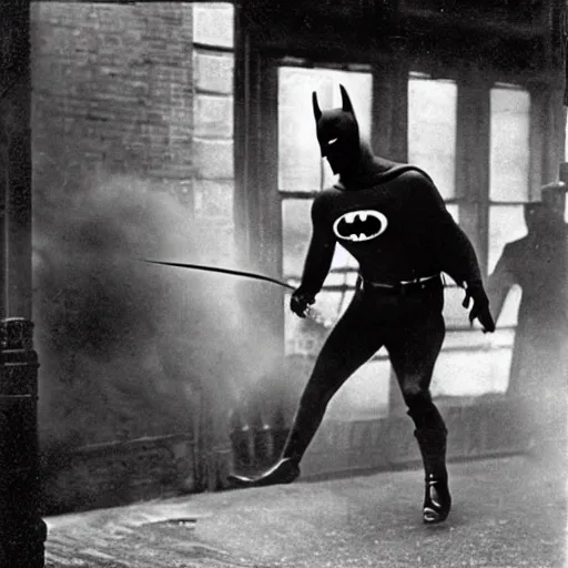 Prompt: old black and white photo, 1 9 2 5, depicting batman fighting a man in vintage suit in an ally of new york city, rule of thirds, historical record