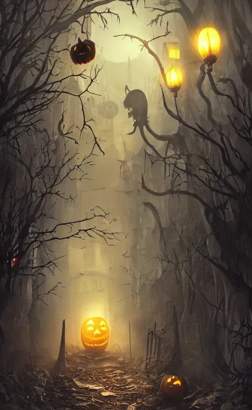 Image similar to a creepy and eery Halloween setting, with Jack o lanterns on the street and shadow figures lurking about, dynamic lighting, photorealistic fantasy concept art, stunning visuals, creative, cinematic, ultra detailed, trending on art station, spooky vibe