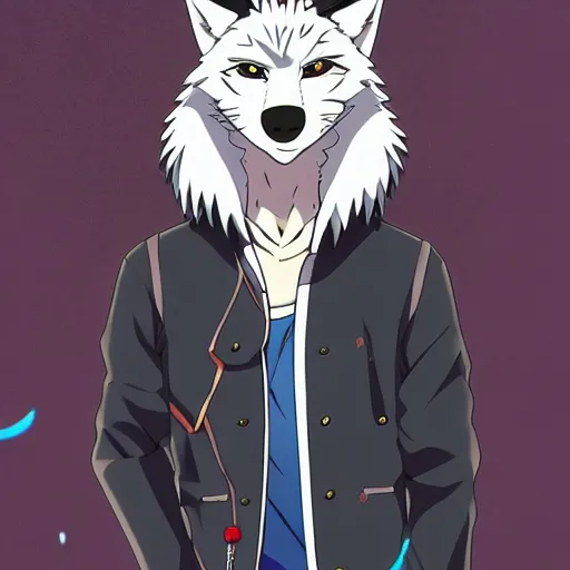 Image similar to key anime visual portrait of an anthropomorphic anthro wolf fursona, in a jacket, with handsome eyes, official modern anime art