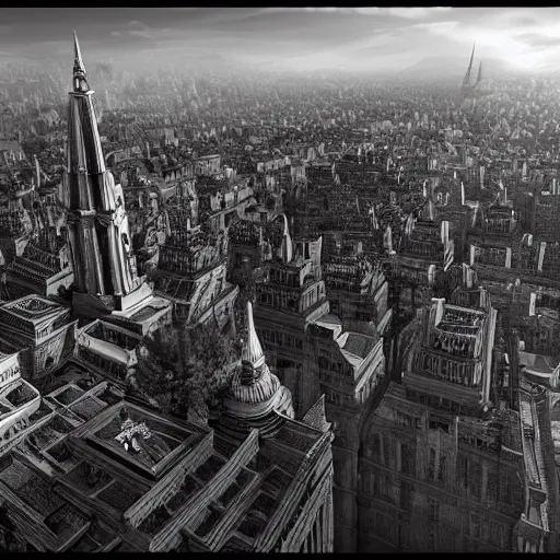 Prompt: an ultra detailed black and white matte painting of the palace district high above the city on a massive column of stone, one impossibly tall black spire in the center that touches the clouds, ultrawide lense, aerial photography, volumetric lighting, exquisite detail, octane render, 8 k postprocessing, art by brandon sanderson and robert jordan