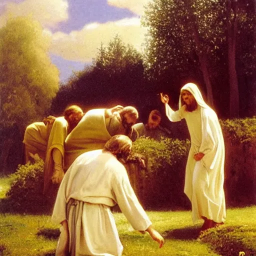 Image similar to A painting depicting the resurrection of Jesus Christ, (Jean Jules Linden), Peter Ilsted, (((flowers)))