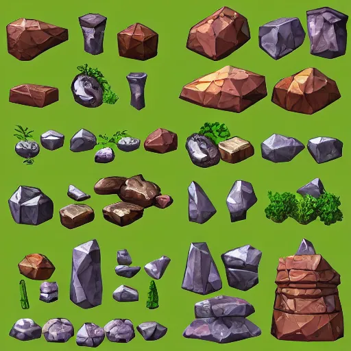 Prompt: Set of high quality HD sprites, low poly, vegatation, stones, tools, monuments