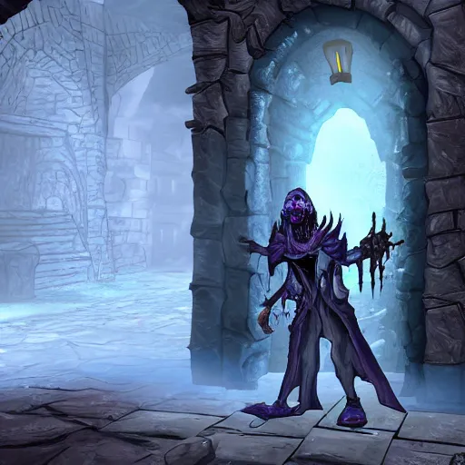 Prompt: an undead mage at the entrance to undercity,