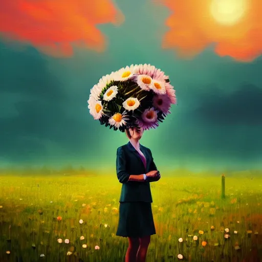 Image similar to huge daisy flower head, frontal, girl in a suit, surreal photography, sunrise, dramatic light, impressionist painting, digital painting, artstation, simon stalenhag