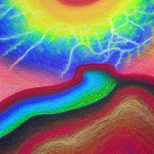 Image similar to Intricate five star rainbow landscape by Anna Kullberg, Colored pencil on paper, high detail, skin texture, photo realistic, hyperrealism,matte finish, high contrast, 3d depth, masterpiece, vivid colors, artstationhd