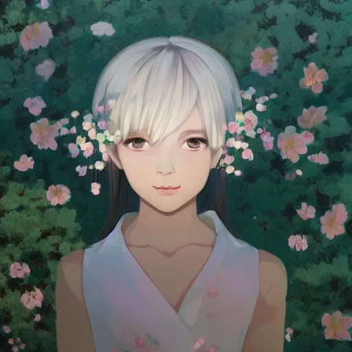 Image similar to little girl with flowers in hair wearing an white dress, art by ilya kuvshinov,