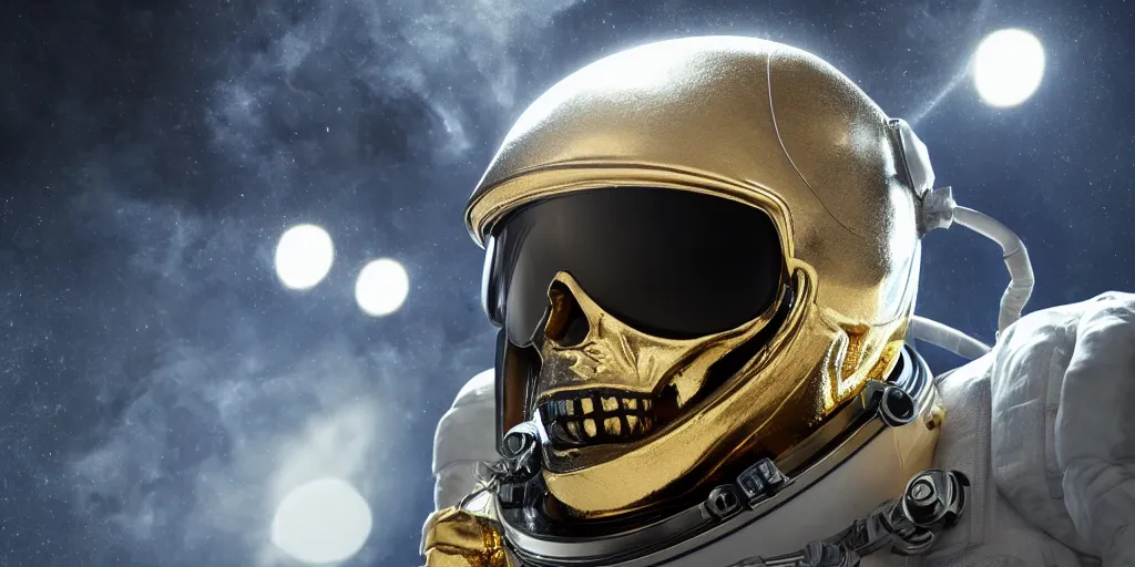 Prompt: realistic skull in astronaut suit with gold linens, cinematic lighting, dramatic, octane render, long lens, shallow depth of field, bokeh, anamorphic lens flare, 8k, hyper detailed