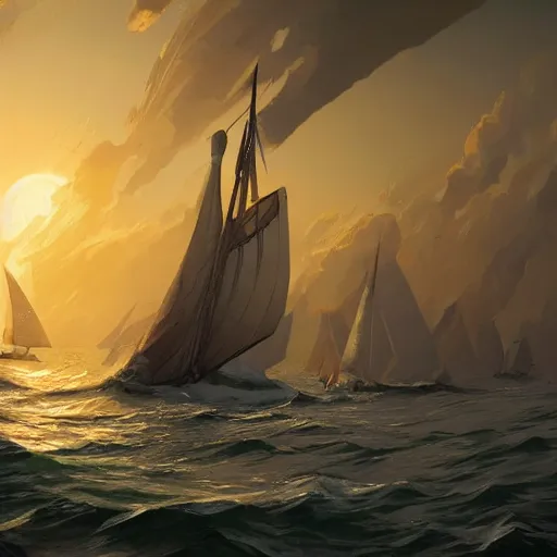 Prompt: sailing, sunset , highly detailed, illustration, fantasy art, in the style of greg rutkowski, epic, fantasy, intricate, hyper detailed, artstation, concept art, smooth, sharp focus, ray tracing