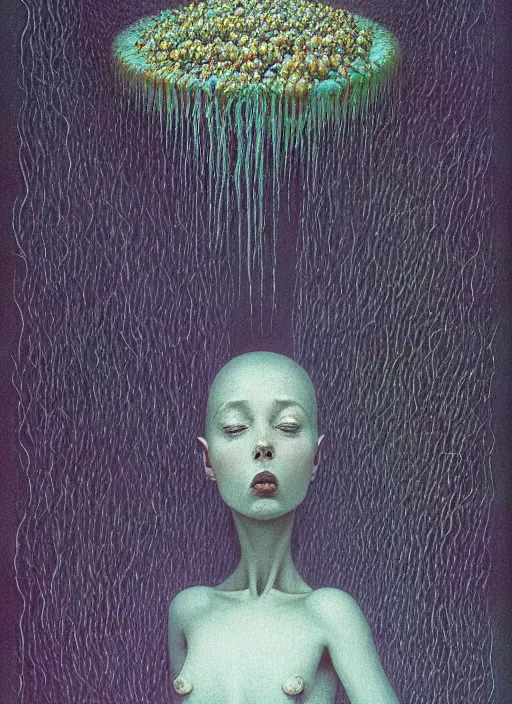 Image similar to She Eats Joyfully of the Suffocating Yellowcake Fruit and Her spiderlike gossamer glistening polyp blossoms bring iridescent fungal flowers whose spores black the foolish glaring stars Edward Hopper and James Gilleard, Zdzislaw Beksinski, Mark Ryden, Wolfgang Lettl highly detailed