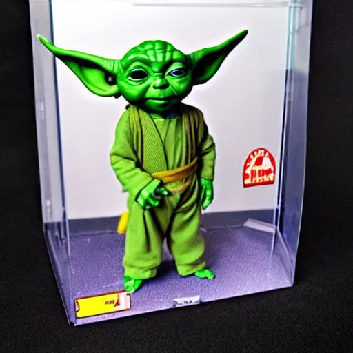 Image similar to baby yoda as a 1980's style Kenner action figure