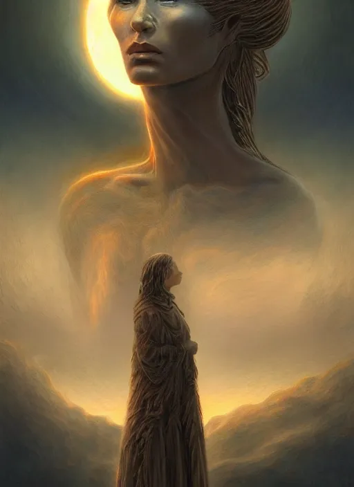 Image similar to biblical beautiful female druid android, birdlike, glowing veins, in clouds, sunset, portrait by wayne barlowe, by peter elson, by anato finnstark, muted colors, by frank frazetta, extreme detail, reflections, trending on artstation, 8 k