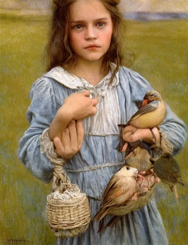 Prompt: portrait of little peasant girl holding bird in her hands, cottage core, cinematic focus, polaroid photo bleached vintage pastel colors high - key lighting, soft lights, foggy, by steve hanks, by lisa yuskavage, by serov valentin, by tarkovsky, 8 k render, detailed, oil on canvas