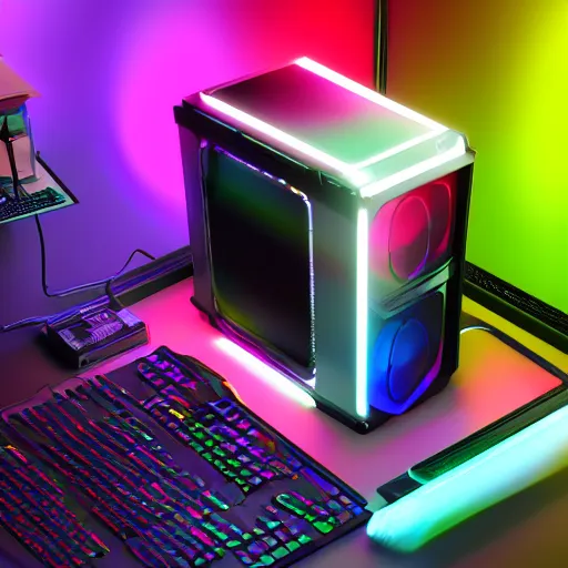 Image similar to gaming rgb computer from future, cyberpunk style, product photo, octane render, unreal render, ultra detail, no noise, isometric, full view