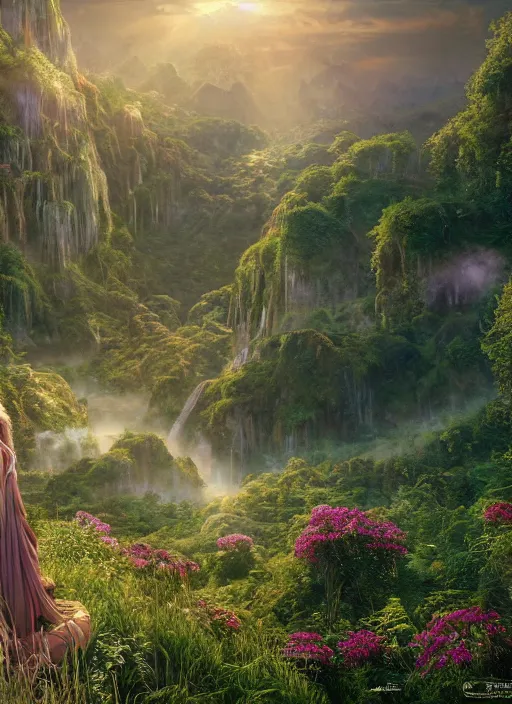 Image similar to an elven princess with wings of lace in the lord of the rings scenery landscape, looking out at a vast lush valley of fairy homes, flowers, sunrise, god's rays highly detailed, vivid color, cinematic lighting, perfect composition, 8 k, gustave dore, derek zabrocki, greg rutkowski, belsinski, octane render