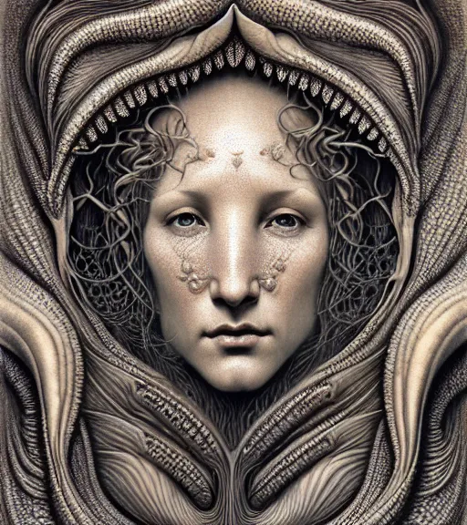 Prompt: detailed realistic beautiful shark goddess face portrait by jean delville, gustave dore, iris van herpen and marco mazzoni, art forms of nature by ernst haeckel, art nouveau, symbolist, visionary, gothic, neo - gothic, pre - raphaelite, fractal lace, intricate alien botanicals, ai biodiversity, surreality, hyperdetailed ultrasharp octane render