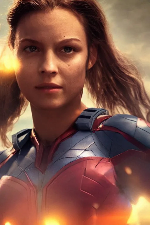Image similar to VFX movie still frame portrait beautiful DC vs. Marvel hero woman natural skin, hero pose, war zone by Emmanuel Lubezki