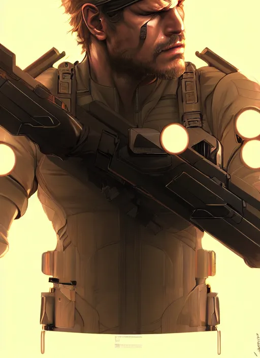 Image similar to symmetry!! portrait of solid snake, metal gear solid, tech wear, glowing lights!! intricate, elegant, highly detailed, digital painting, artstation, concept art, smooth, sharp focus, illustration, art by artgerm and greg rutkowski and alphonse mucha