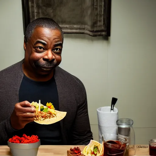 Image similar to levar burton eating tacos in a bathroom, ultra realistic, digital art, rich deep colors, smooth shadows, high resolution, cinematic