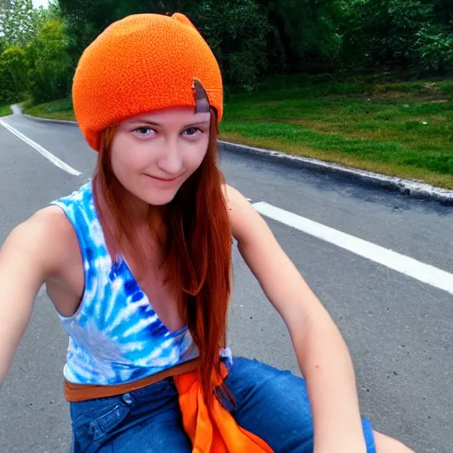 Prompt: girl with chestnut hair lounging in a convertible car wearing an orange beanie and a faded tie-dye sleeveless shirt, selfie, hands in lap, face-forward, faint smile