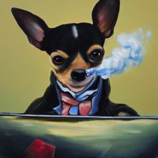 Prompt: a painting of a chihuahua smoking weed in an office