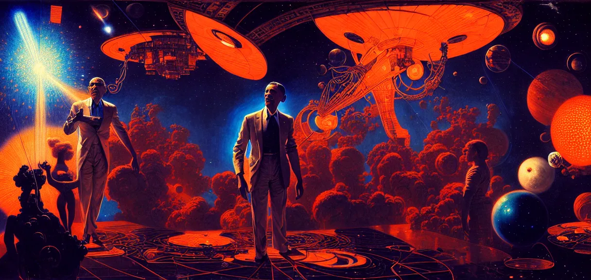 Prompt: obama in space, hard lighting, full body, futuristic, neon, luxurious, industrial party, dark blue and orange colors, crowded, smoke, lasers painting by gaston bussiere, craig mullins, j. c. leyendecker, lights, art by ernst haeckel, john william godward, hammershøi