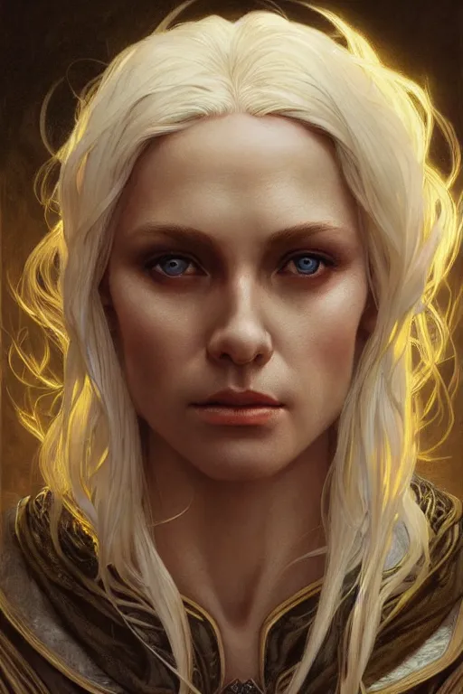 Image similar to portrait of an old blonde elven mage, dark, piercing eyes, gentle expression, elegant clothing, photorealistic, highly detailed, artstation, smooth, sharp focus, art by michael whelan, artgerm, greg rutkowski and alphonse mucha