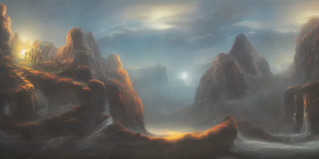 Image similar to A surreal dream landscape, cinematic lighting, detailed oil painting, 8k