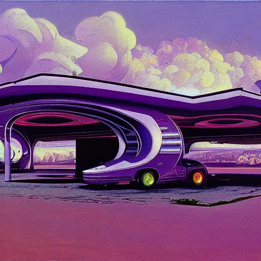 Prompt: painting of syd mead artlilery scifi organic shaped gas station with ornate metal work lands on a farm, fossil ornaments, volumetric lights, purple sun, beksinski