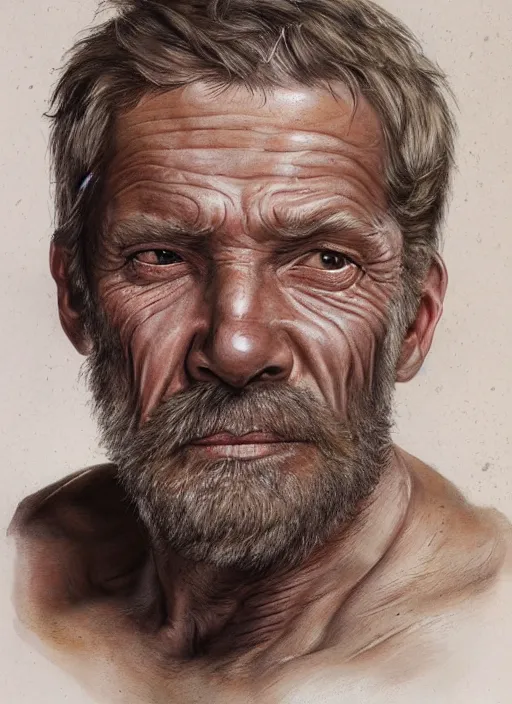 Image similar to portrait of a 7 year old boy, with old wrinkly skin and a scruffy beard, very detailed eyes, hyperrealistic, very detailed painting by Glenn Fabry, by Joao Ruas, by Artgerm