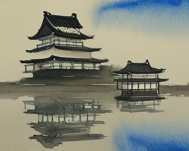 Image similar to a beautiful painting of a building in a serene landscape, japanese watercolor,