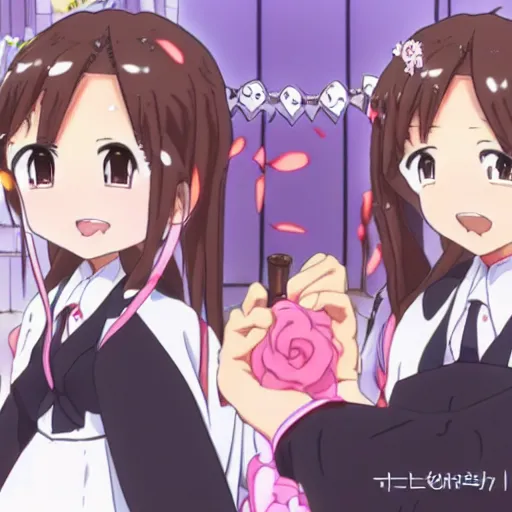 Image similar to Takagi and Nishikata getting married, High Quality Anime Style, featuring Hibino Mina, Tsukimoto Sanae, Tenkawa Yukari, Houjou, and Sakurai, 8k