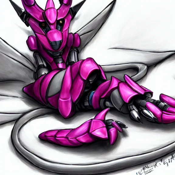 Image similar to very close up foot pov shot, detailed foot shot, paw art, hyperdetailed elegant beautiful stunning hot anthropomorphic mecha female dragon, laying down showing quality mecha dragon feet at camera, furry paw, anthro paw, dragon paw, beans, sharp silver armor fuchsia skin, sleek legs, warframe fanart, furaffinity, deviantart, ekasportal