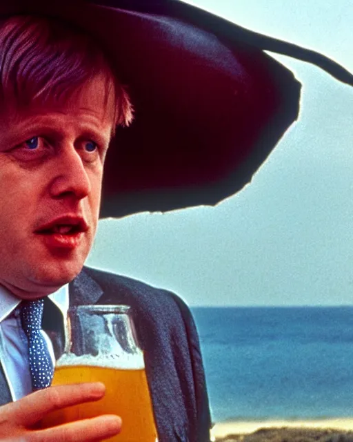 Image similar to film still close - up shot of boris johnson drinking a beer on the beach from the movie monty python's the meaning of life. photographic, photography