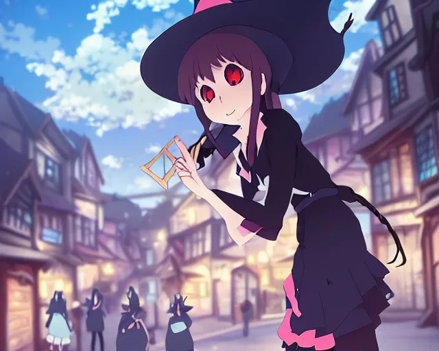 Image similar to key anime visual portrait of a young female witch walking through a busy village, dynamic pose, dynamic perspective, cinematic, dramatic lighting, muted colors, detailed silhouette, textured, finely detailed eyes, anime proportions, little witch academia