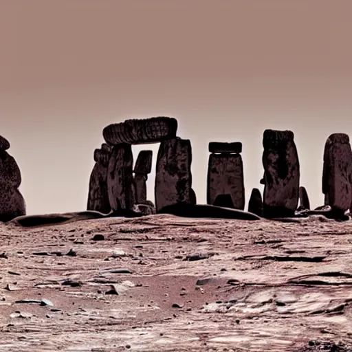 Image similar to stonehenge on mars with space and spaceship in the background