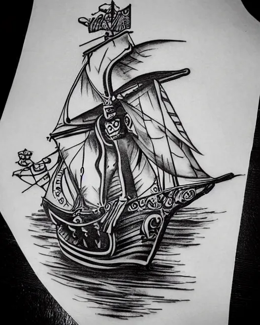 Image similar to A tattoo design on paper of a pirate ship, on paper, black and white, highly detailed tattoo, realistic tattoo, realism tattoo, beautiful shades