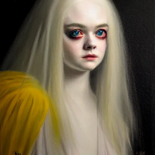 Prompt: a striking hyper real painting of Elle Fanning, dark, metal, occult, by Francisco Goya