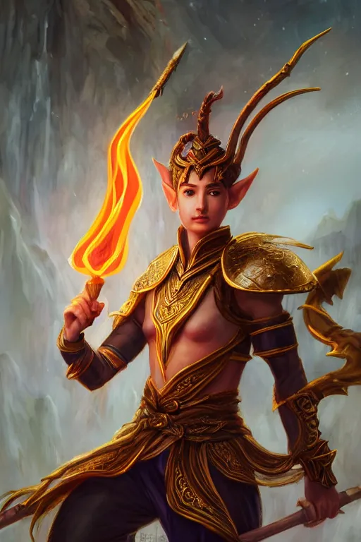 Image similar to a masterpiece portrait of nezha, young elf prince holding spear, flame everywhere, epic pose, fantasy character portrait, closeup shot, hyper detailed, digital painting, 8 k realistic, trending on artstation, sharp focus, dof, by fenghua zhong, artgerm, ne zha from smite, jeff easley, raymond swanland