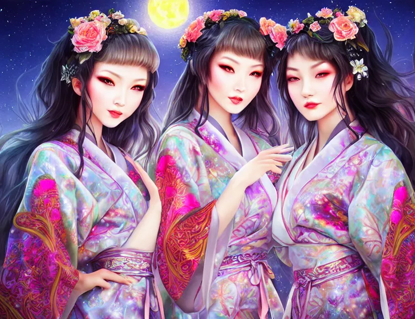 Image similar to two beautiful alluring siberian girls wear fantasy kimono in festival | | sunny night, full moon, dreamlike art, realistic shaded, smile, good looking, hyper details, 4 k realistic, cryengine, realistic shaded lighting poster by artgerm, ross tran, fuji choko, 8 k resolution, trending on artstation, luxury