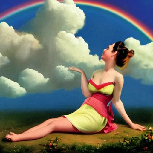 Prompt: a puppy sitting in front of a rainbow that extends to the clouds in heaven, digital art by Gil Elvgren