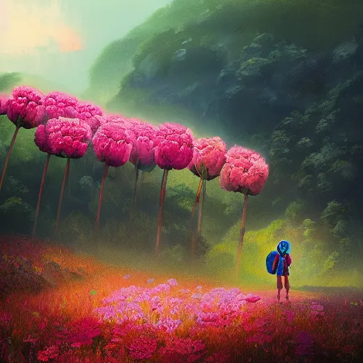 Image similar to giant carnation flower as a head, girl hiking in a lush valley, surreal photography, sunrise, dramatic light, impressionist painting, colorful clouds, digital painting, artstation, simon stalenhag