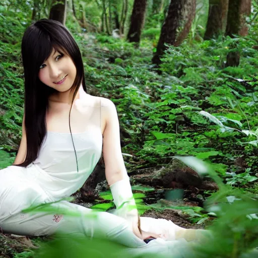 Prompt: Beautiful asian gamer girl in white clothes and a lush forest